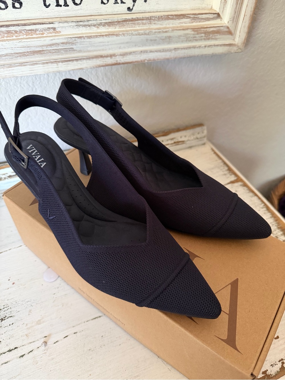 Vivaia Navy Pointed Slingback Heels with Knit Upper